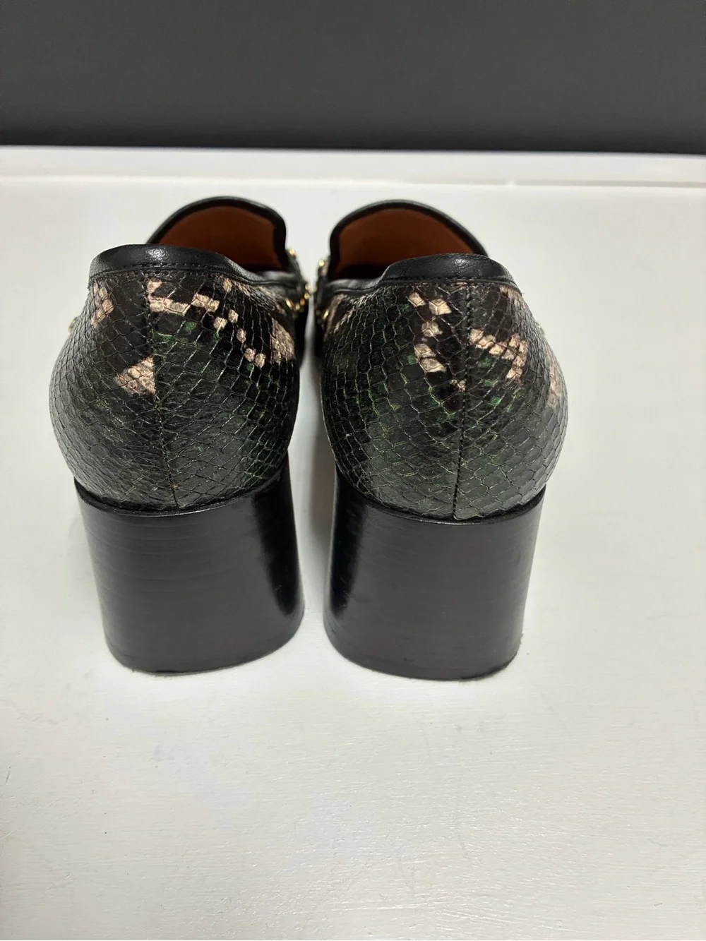 Tory Burch Leather Snake-Print Stud Block Heel Loafers